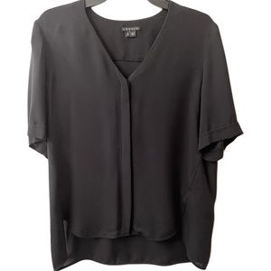 THEORY 100% Silk Short Sleeve Blouse Shirt Top Black Button Up High Low Medium